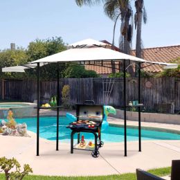 13Ft.Lx4.5Ft.W Iron Double Tiered Backyard Patio BBQ Grill Gazebo with Bar Counters&amp;Extendable Shades; White
